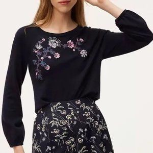 LOFT Floral Embroidered Puff Cuff Sweater, XXL, Navy Blue - NWT